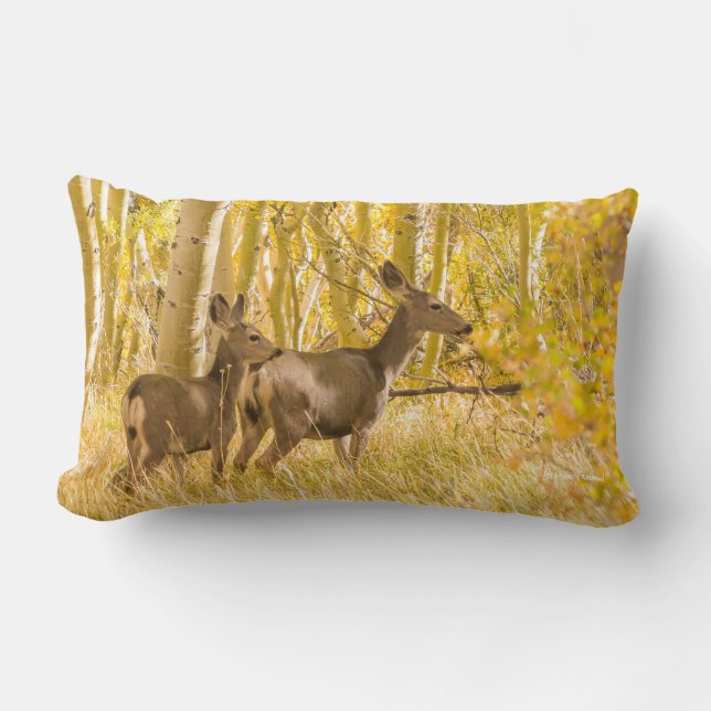 Mule Deer Doe and Fawn in Fall Meadow Lumbar Pillow (Front)