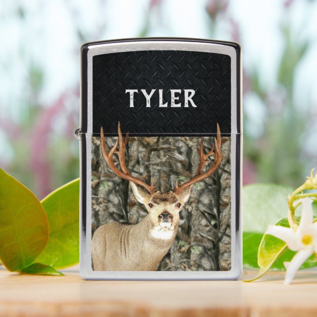 Mule Deer Green Brown Camo Hunting Antlers Name Zippo Lighter (On Table)