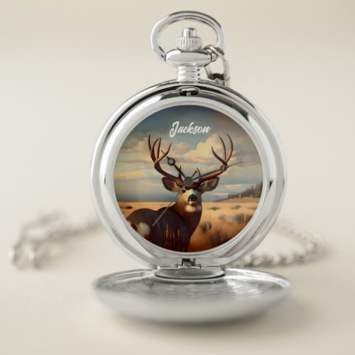 Mule Deer on Prairie  Pocket Watch