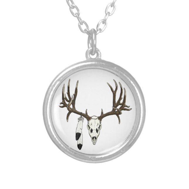 Mule deer skull eagle feather silver plated necklace (Front)
