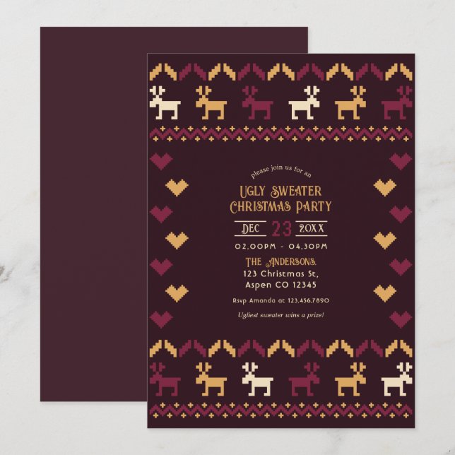 Mulled Wine & Gold Ugly Sweater Christmas Party Invitation (Front/Back)