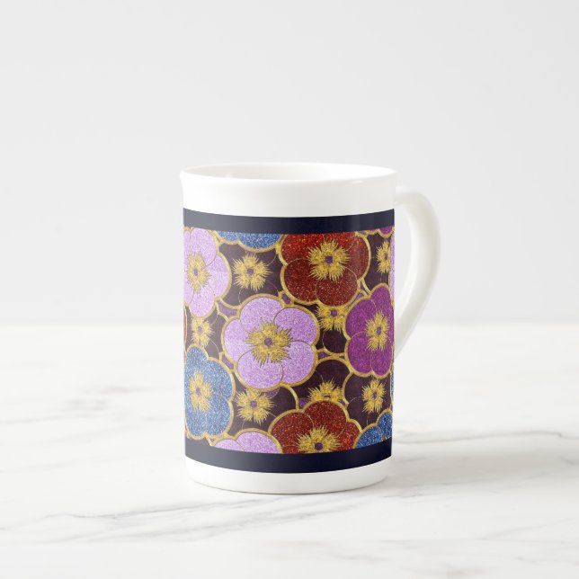 Mult-Colored Flowers Pattern Bone China Mug (Front Right)