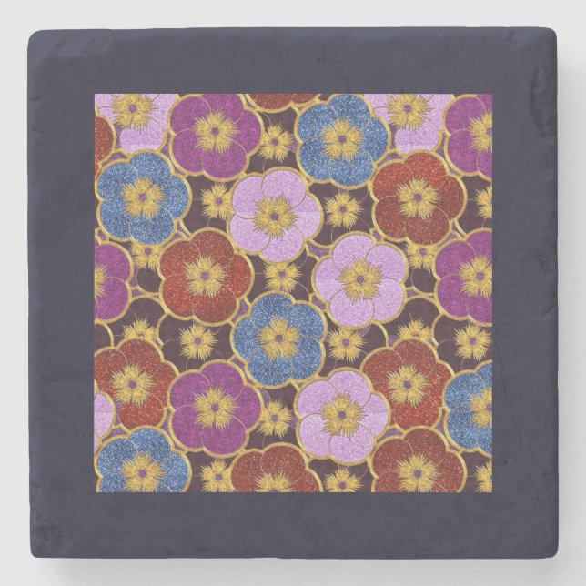 Mult-Colored Flowers Pattern Stone Coaster (Front)