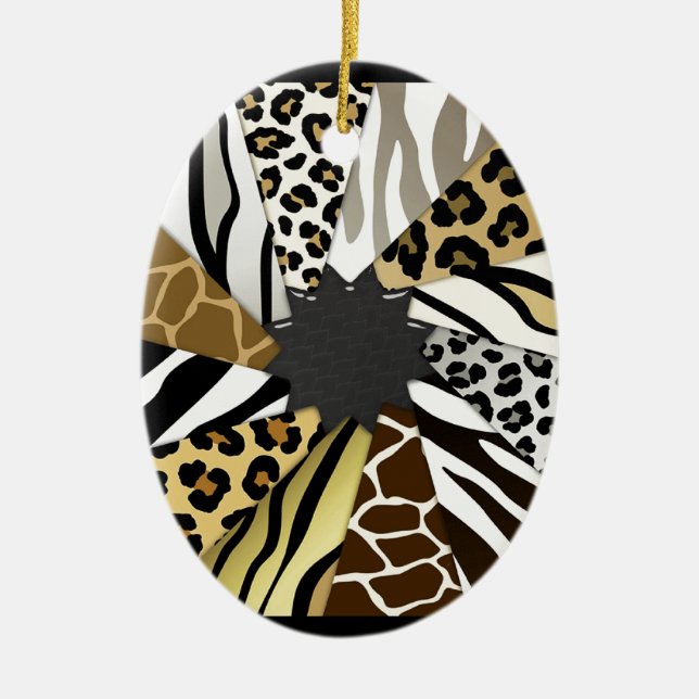 Multi Animal Prints Zebra Tiger Add Text Initial Ceramic Ornament (Front)