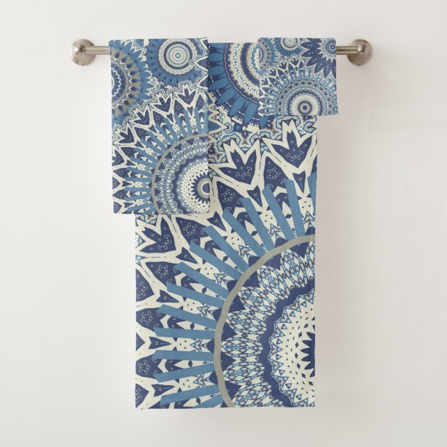 Multi Blue Boho Mandalas Bath Towel Set (Insitu)