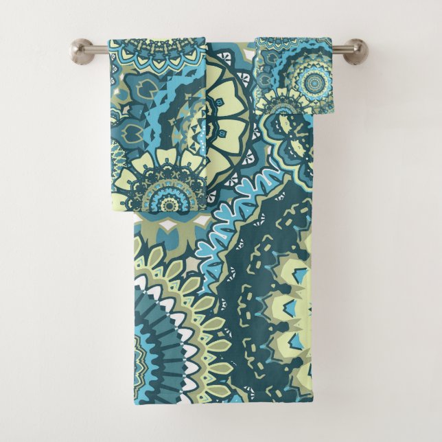 Multi Blue Green Mandalas Bath Towel Set (Insitu)
