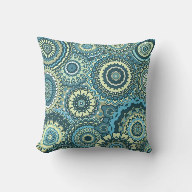 Multi Blue Green Mandalas Throw Pillow (Front)
