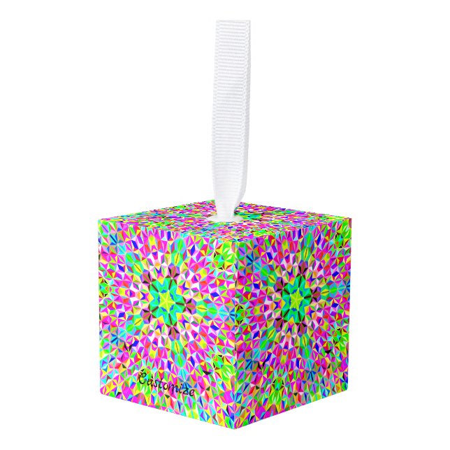 Multi-color 3-d polygon pattern cube ornament (Front Angled)