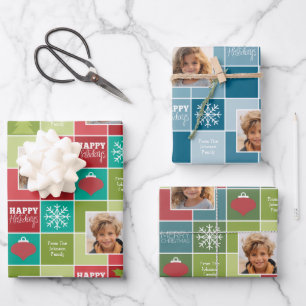 Multi Color Block Christmas 2 Photo Whimsical Wrapping Paper Sheets