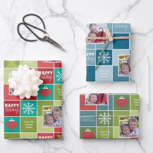 Multi Color Block Christmas 2 Photo Whimsical Wrapping Paper Sheets