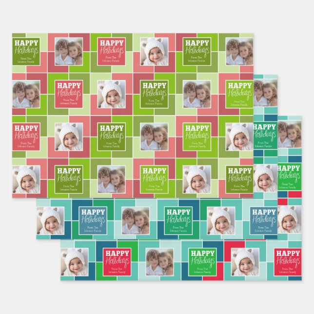 Multi Color Christmas Photo Whimsical Holiday Wrapping Paper Sheets (Set)