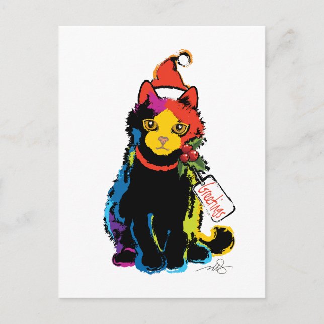 Multi Color Christmas Santa Cat Holiday Postcard (Front)