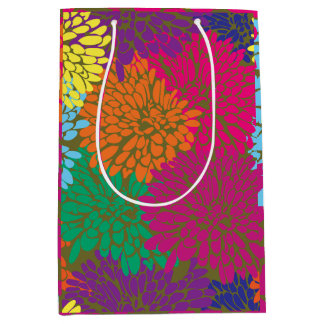 multi color chrysanthemums on olive wrapping paper medium gift bag