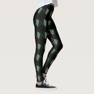 Multi-color Energy Squares Harlequin Pattern Green Leggings