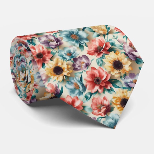 Multi-Color Floral Blend Pattern Neck Tie (Rolled)