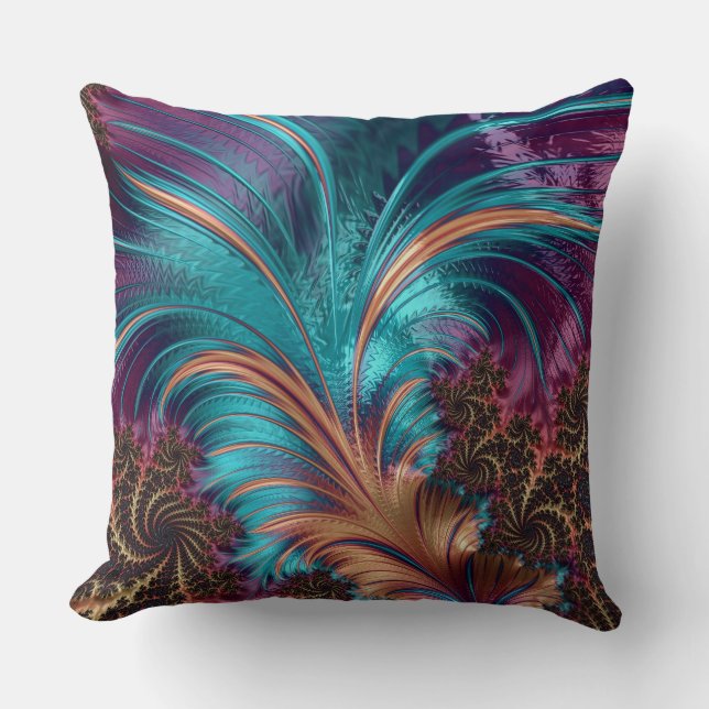 Multi-Color Fractal Feather Design Throw Pillow (Front)