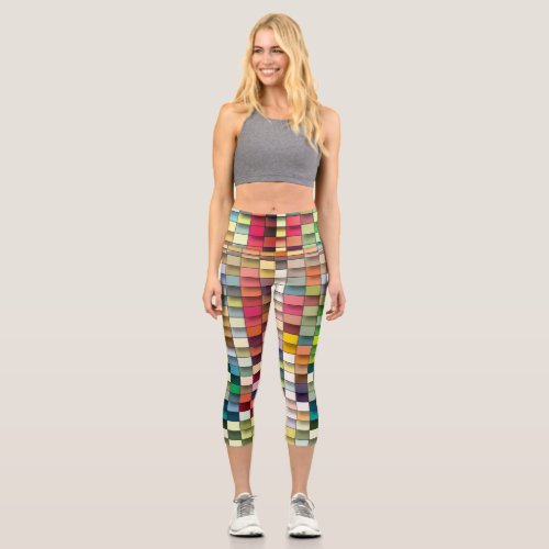 Multi color geometric simple square design capri leggings