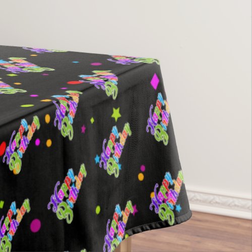 Multi Color Happy Birthday Graphic on Black Tablecloth