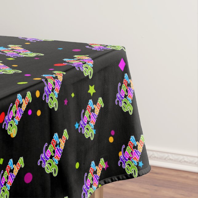 Multi Color Happy Birthday Graphic on Black Tablecloth (In Situ)