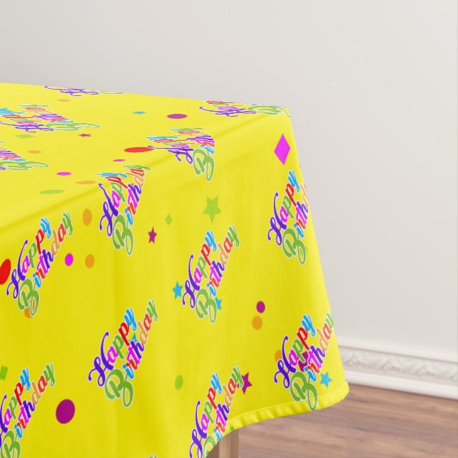 Multi Color Happy Birthday Graphic on Yellow Tablecloth (In Situ)