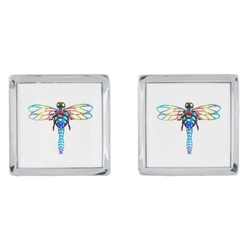 multi_color iridescent dragonfly silver cufflinks