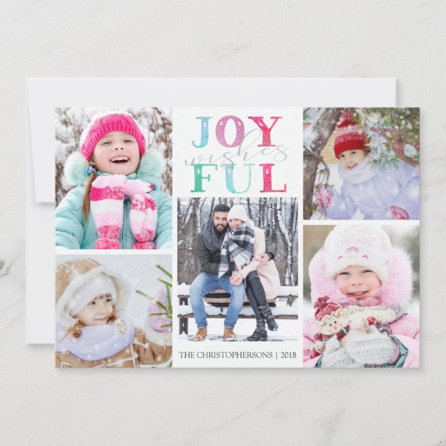 Multi-Color Joyful Wishes Five Photos Holiday Card (Front)