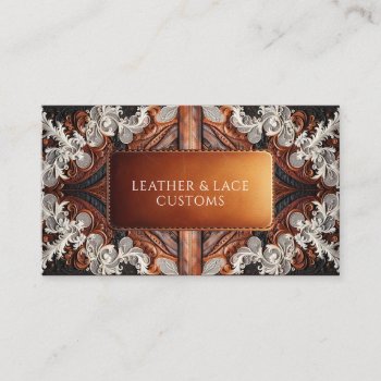 Multi Color Leather & Elegant Lace Rustic Customs Business Card by printabledigidesigns at Zazzle