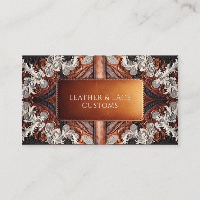 Multi Color Leather & Elegant Lace Rustic Customs Business Card (Front)