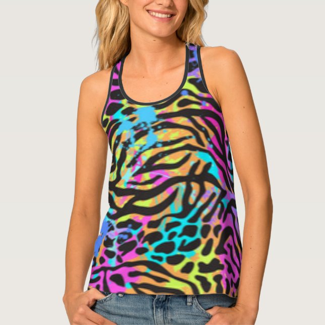 Multi Color Leopard Tiger Pattern Print Design Tank Top (Front)