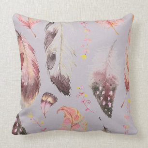 Multi color mauve boho feather print accent pillow