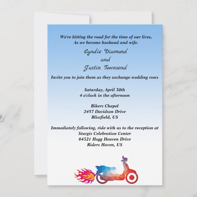 Multi Color Motorcycle & Flames Wedding Invitation (Front)