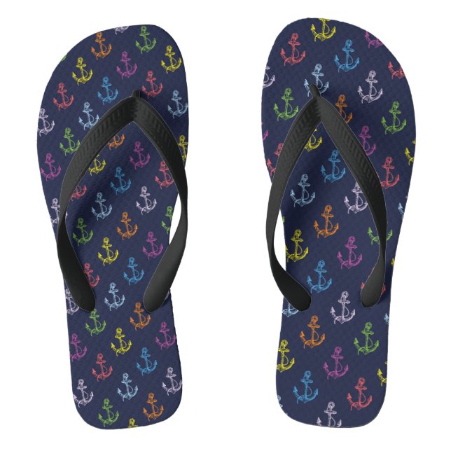 Multi-Color Nautical Boat Anchors Pattern Flip Flops (Footbed)