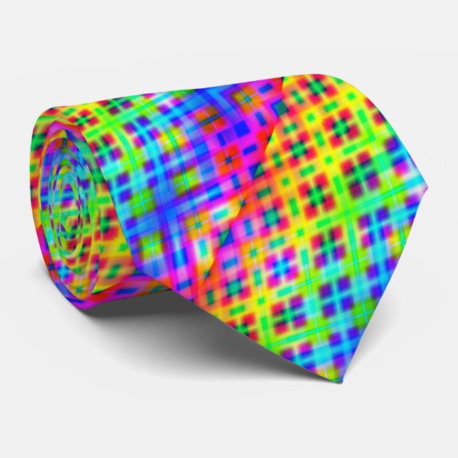 Multi Color Neon Check Pattern Necktie (Rolled)