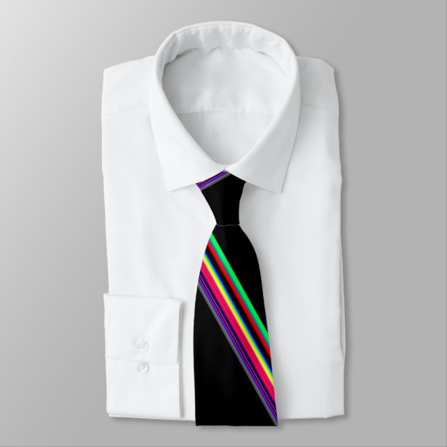 Multi Color Neon  Stripes On Black Necktie (Tied)
