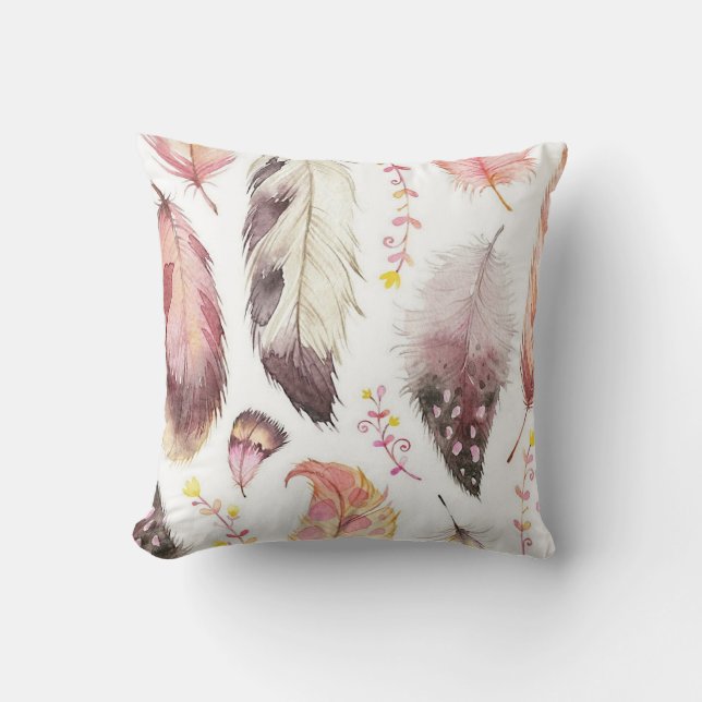 Multi-color pink/mauve boho feather printed pillow (Front)