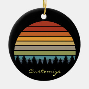 Multi-color striped sun with trees Thunder_Cove Ceramic Ornament