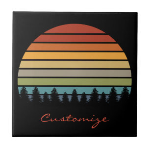 Multi-color striped sun with trees Thunder_Cove Ceramic Tile