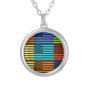 Multi-Color USA Flag Checkered: Modern Abstract Ve Silver Plated Necklace