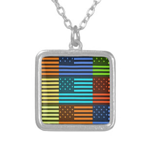 Multi-Color USA Flag Checkered: Modern Abstract Ve Silver Plated Necklace