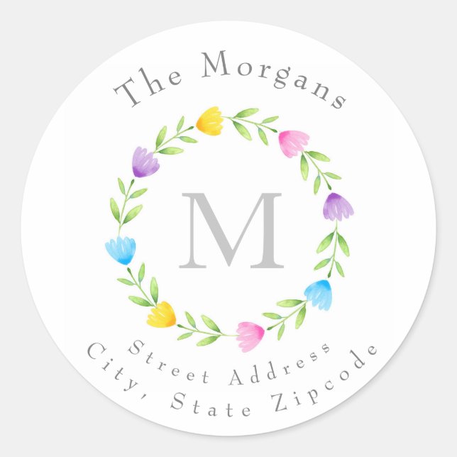 Multi Color Watercolor Flower Stem Wreath Labels (Front)