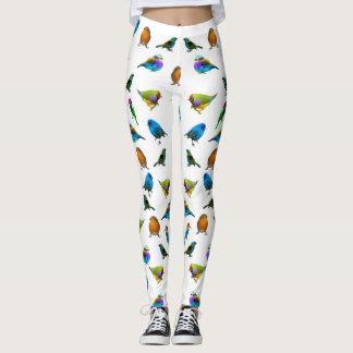 Multi-colored Birds on White Leggings