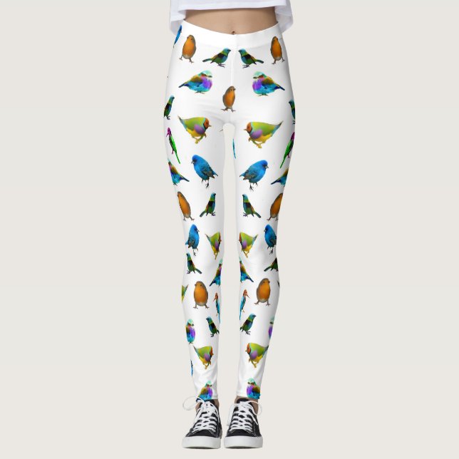 Multi-colored Birds on White Leggings (Front)