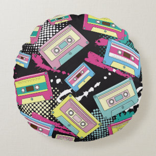 Multi Colored cassettes on a black background seam Round Pillow