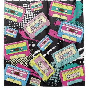 Multi Colored cassettes on a black background seam Shower Curtain