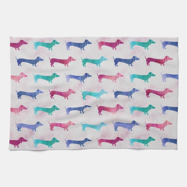 Multi-colored Dachshund Pattern Kitchen Towel (Horizontal)