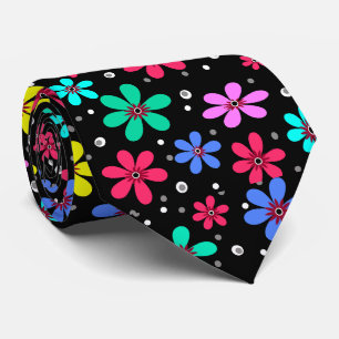 Multi-colored daisies on a black background  neck tie
