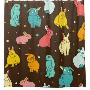 Multi-colored, different rabbits, hares on a dark shower curtain