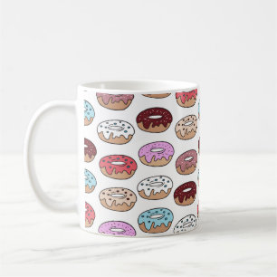 Multi-colored donuts hand drawn seamless pattern. coffee mug