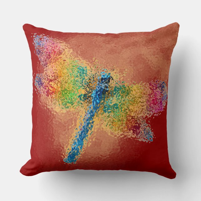 Multi Colored Dragonfly Red Throw Pillow (Front)