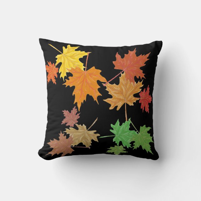 Multi-Colored Fall Leaves Black Throw Pillow (Front)